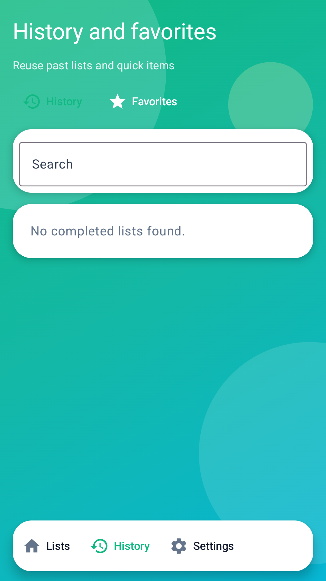 Easy List Shopper history and favourites screen