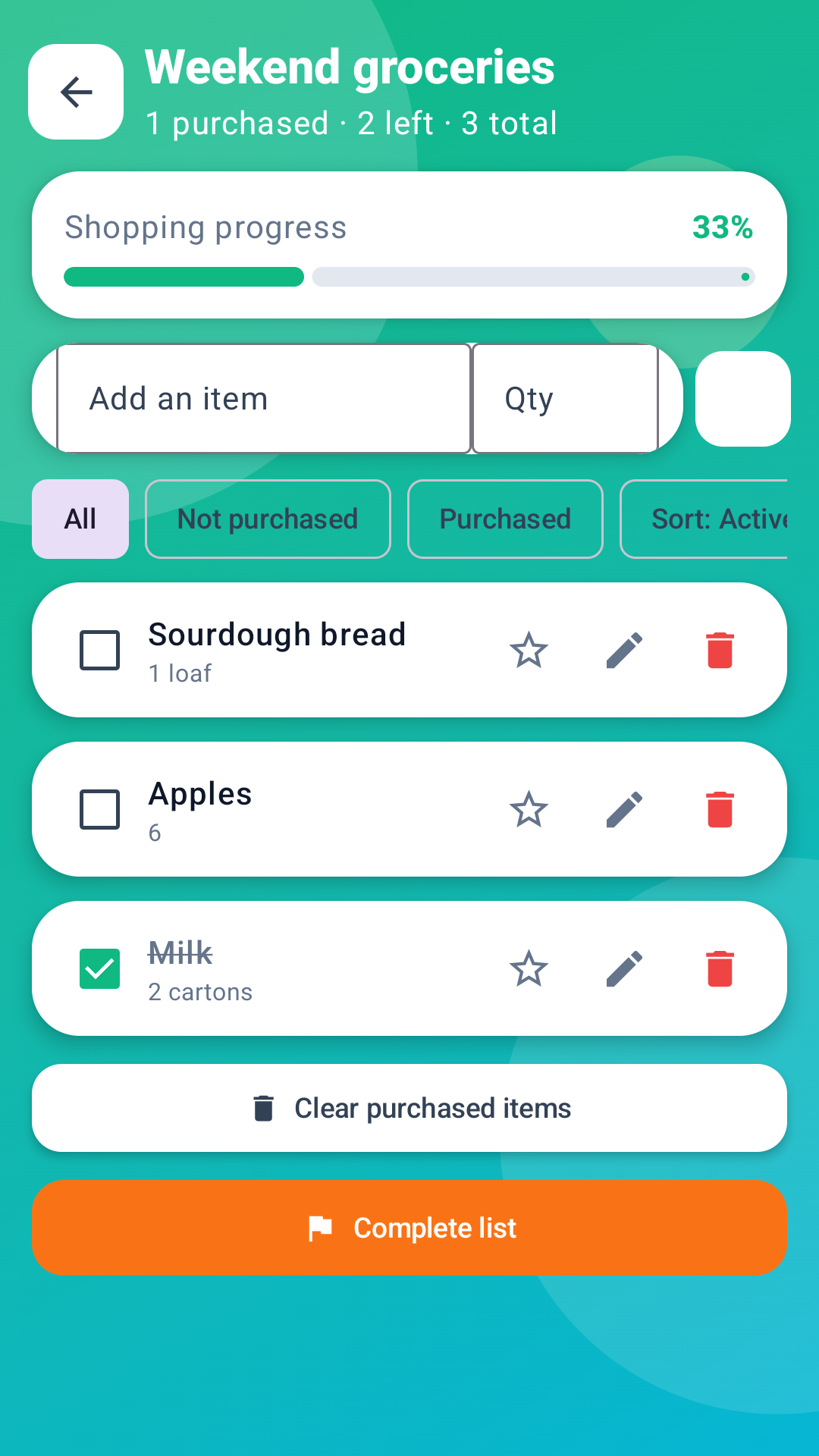 Easy List Shopper list detail screen