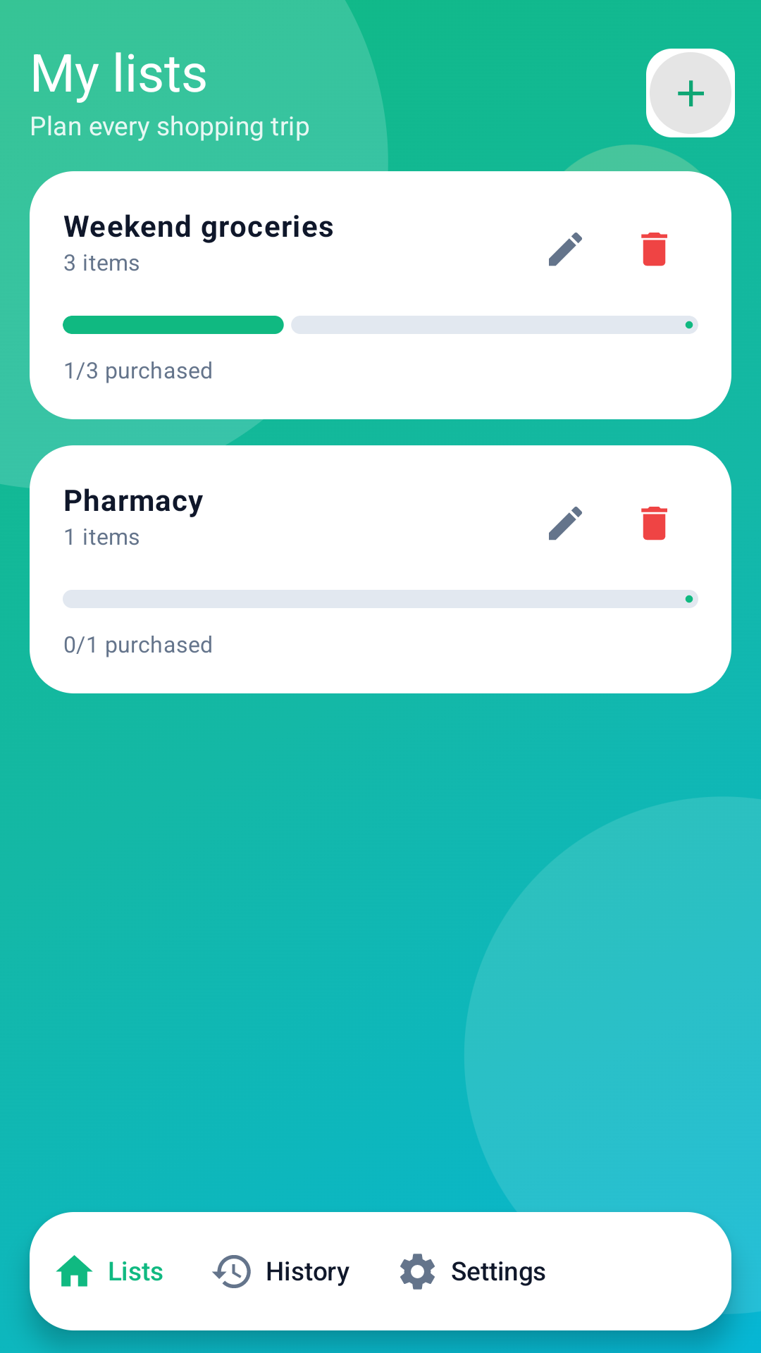 Easy List Shopper lists screen